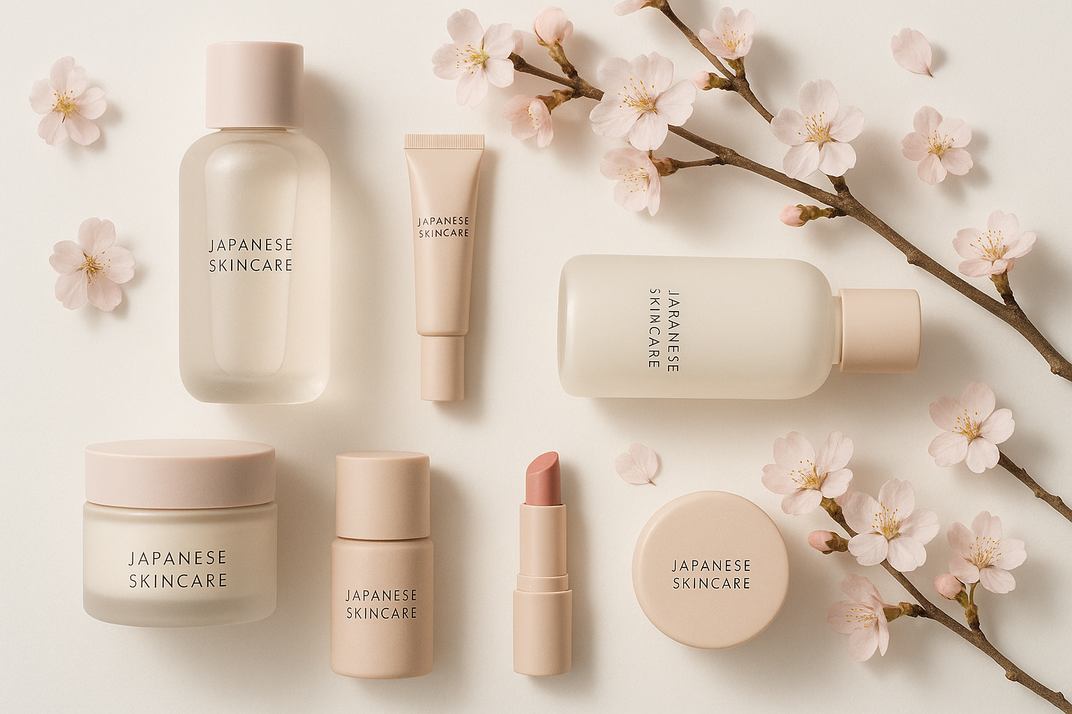 A beautifully arranged flat lay of Japanese skincare and cosmetic products, including elegant bottles and jars with minimalistic packaging, cherry blossom accents, soft natural lighting, clean white background, gentle pastel tones, luxury beauty brand style, high-quality photography