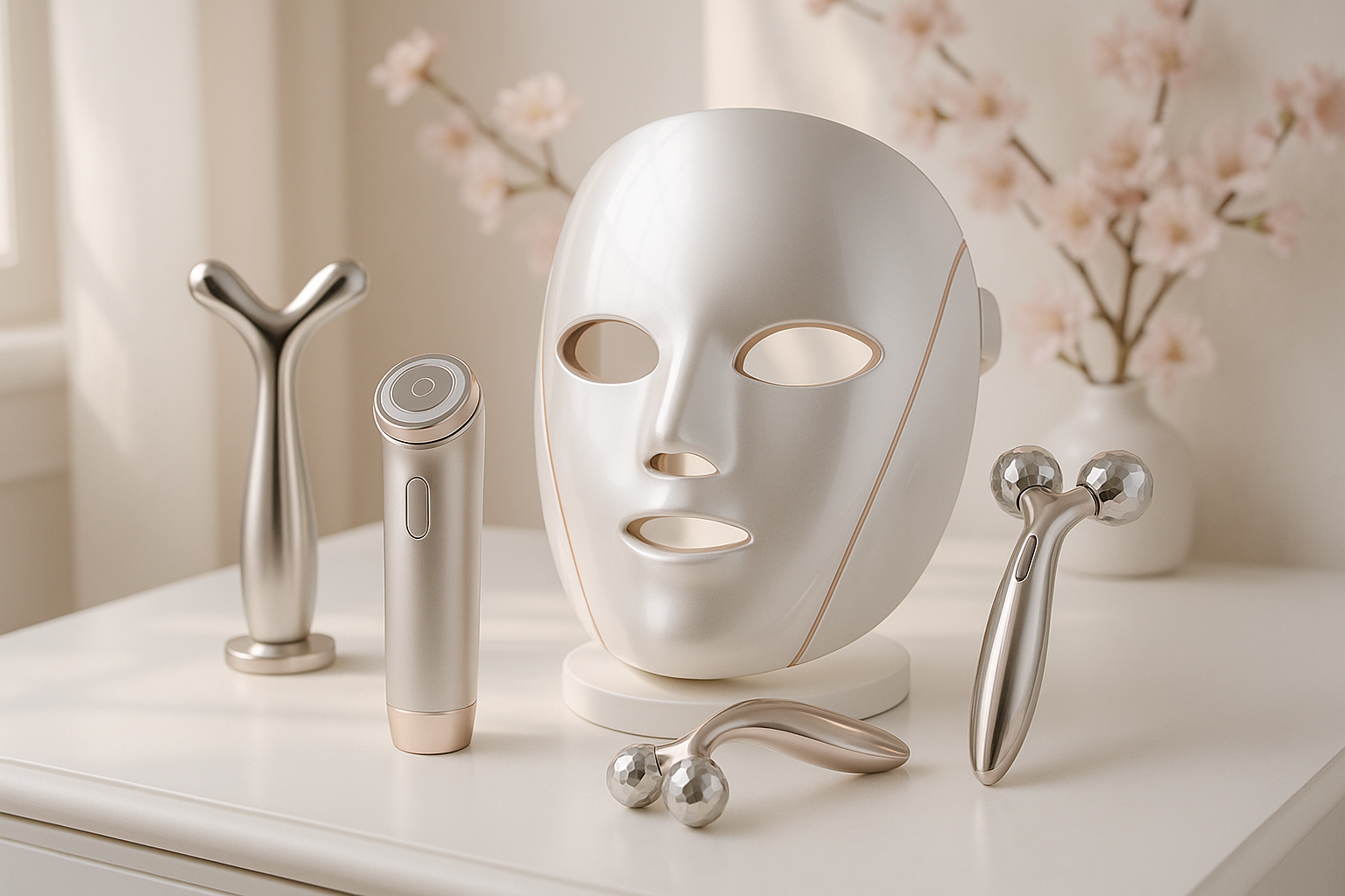 Aesthetic Japanese beauty device display, elegant skincare gadgets like LED masks and facial lifting tools on a clean white vanity, soft natural lighting, minimalist design, subtle cherry blossom or pastel background, luxury beauty brand photography style, smooth metallic textures, gentle glow effect, modern and sophisticated atmosphere