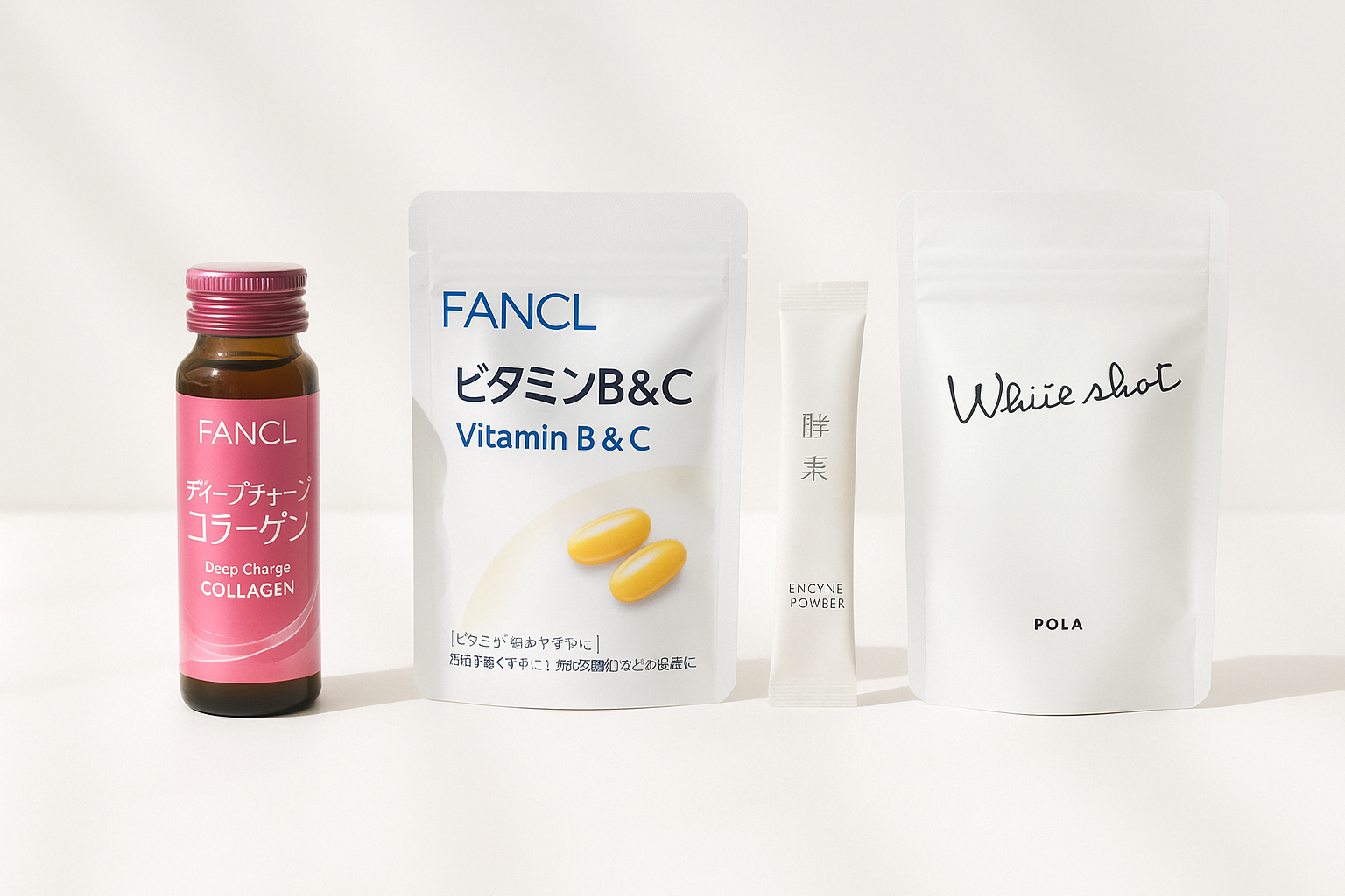 Japanese premium health and beauty supplements, neatly arranged pre-packaged products from brands like FANCL or POLA, including collagen drinks, vitamin capsules, enzyme powder sachets, and beauty supplements, on a clean white or pastel background, soft daylight, minimalist Japanese aesthetic, elegant packaging design, wellness and purity concept, modern and natural beauty lifestyle photography